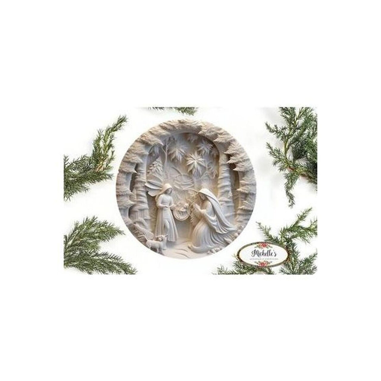 Ivory Carving Christmas Nativity 3D Round Sign - Wreath Enhancement
